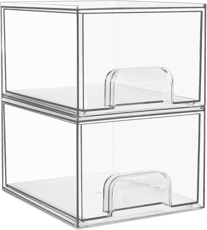 2|4 Pack Stackable Storage Drawers, Acrylic Organiser with 16 Non-slip Mat, Bathroom Organiser Storage for Dresser, Bathroom