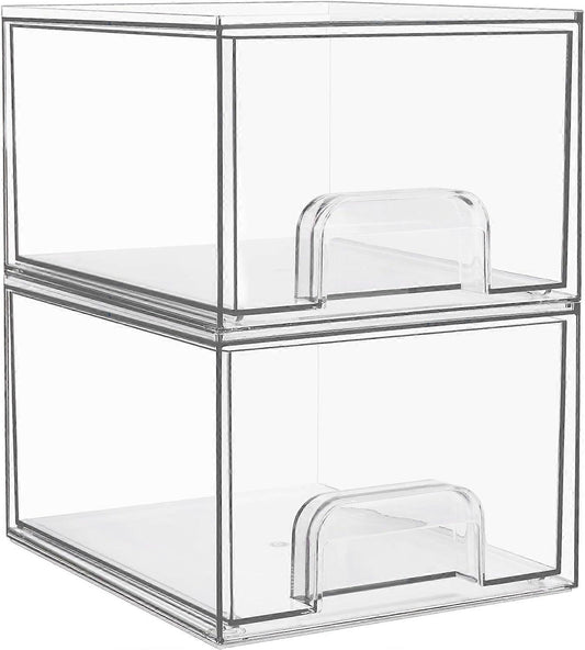 2|4 Pack Stackable Storage Drawers, Acrylic Organiser with 16 Non-slip Mat, Bathroom Organiser Storage for Dresser, Bathroom
