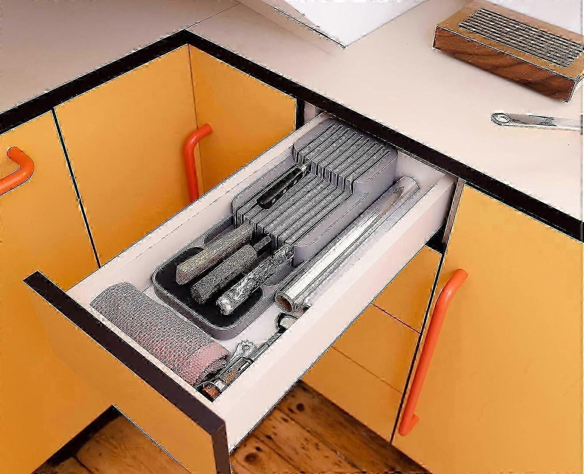 Knife Divider Organiser Cutlery Drawer Compartment Organiser , Kitchen Drawer Organiser Tray, Knife Holder, Grey
